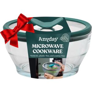 Anyday 4-Cup Glass Food Storage with Glass Lid, Round Deep Dish | Plastic-Free Meal Prep & Microwave Cookware | Stackable Airtight Storage Container with Vented Lid for Microwave-Safe Reheating (Clear - Kale)