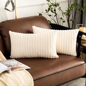UGASA Pack of 2, Velvet Pillow Covers Striped, Soft Textured Throw Cushion Case Set, Accent Corduroy Lumbar Pillowcases with Hidden Zipper for Home Decor Indoor Outdoor (12"x20", Cream)