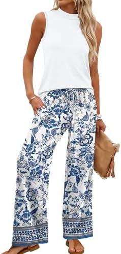 WIHOLL Two Piece Set for Women Summer Spring Outfits Cruise Travel Airport Beach Vacation Mock Neck Wide Leg Pants Set.XL