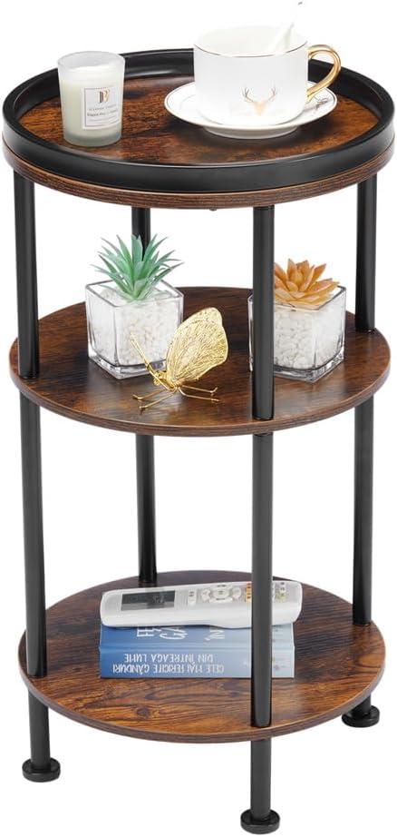 Small Round Side Table for Small Spaces, 3-Tier Round Accent Table Slim Side Table, Modern Sofa Corner Table for Living Room Nightstand Bedroom (Rustic Brown)