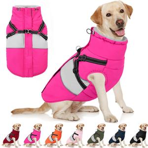 AOFITEE Dog Winter Coat, Dog Coat with Harness Built in, Dogs Jacket for Large Dogs, Reflective Waterproof Pet Puffer Jacket Snowsuit, Warm Fleece Windproof Pet Sweater for Cold Weather, XL (Rose Red)