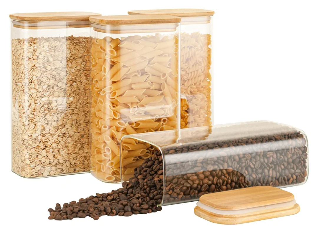 56oz Rectangle Airtight Glass Storage Containers with Bamboo Lids (Set of 4), Square Food Storage Jar, Pantry Organizers for Oats, Cereal, Pasta and Coffee beans (‎with Black Lable)
