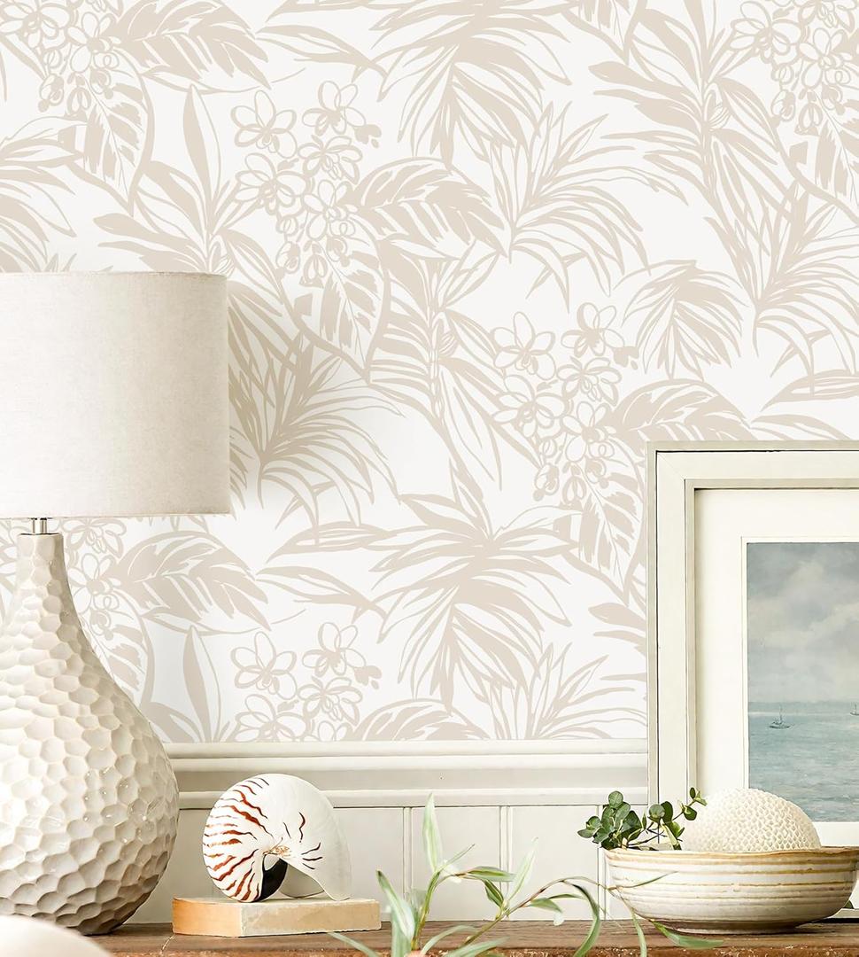 Erfoni 16.9''x197'' Beige Peel and Stick Wallpaper Tropical Leaf Removable Wall Paper Beige Self Adhesive Stick on Wallpaper Modern DIY Contact Paper for Cabinets Accent Wall Waterproof Vinyl Roll