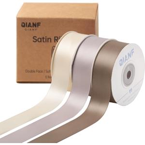 QIANF Champagne Double Face Satin Ribbon 1 Inch x 45 Yards Ivory Fabric Ribbon for Gift Wrapping, Flower Bouquets, Hair Bows Making, Wedding Decoration, Invitation Cards, Christmas (3 Rolls *15Yd)
