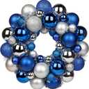 Christmas Ball Wreath 13" Xmas Wreaths Ornaments Glitter Thicken Shatterproof Garland Decoration for Door Wall Mantel Holiday Party Decor, Blue & Silver