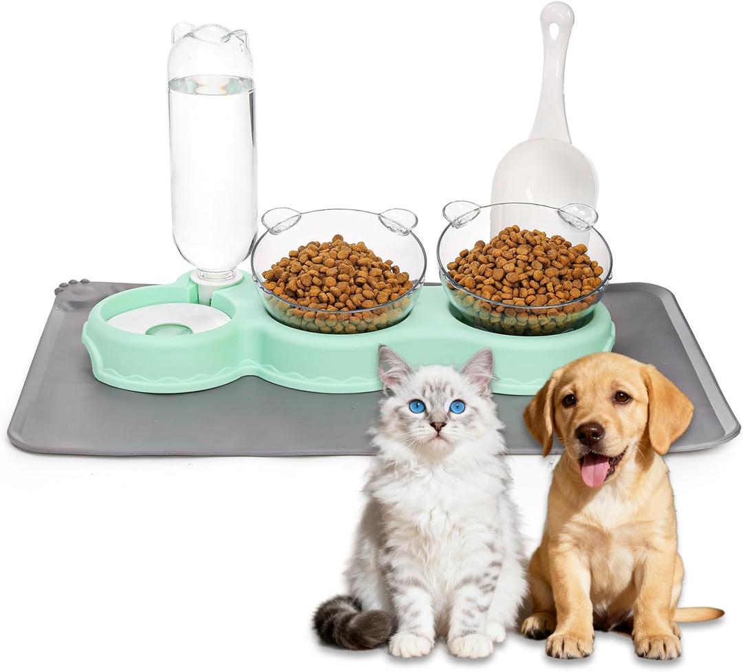Cat Food Water Bowl, Triple Cats Bowls with Mat and Scoop, 15 Tilted Raised Cat Bowl Dishes with Automatic Water Bottle, Pet Feeding Bowls for Cats, Small Dogs, Wet, Dry Food Cat Food Water Bowl, Triple Cats Bowls with Mat and Scoop, 15 Tilted Raised Cat Bowl Dishes with Automatic Water Bottle, Pet Feeding Bowls for Cats, Small Dogs, Wet, Dry Food