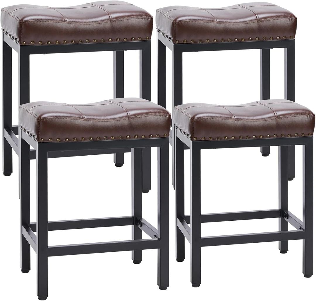 Sweetcrispy Bar Stools Set of 4, 24 Inch Counter Height Stools, PU Leather Upholstered Bar Chairs with Footrest, Modern Bar Stools for Kitchen Island, Dining, Living Room, Brown