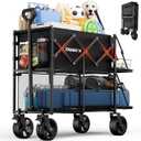 Double Decker Collapsible Wagon with Brakes, Folding Utility Cart with Big All-Terrain Wheels, 2-Tier Wagon for Camping Gear, Sports, Groceries, Shopping, Garden & Outdoor Use (Black)