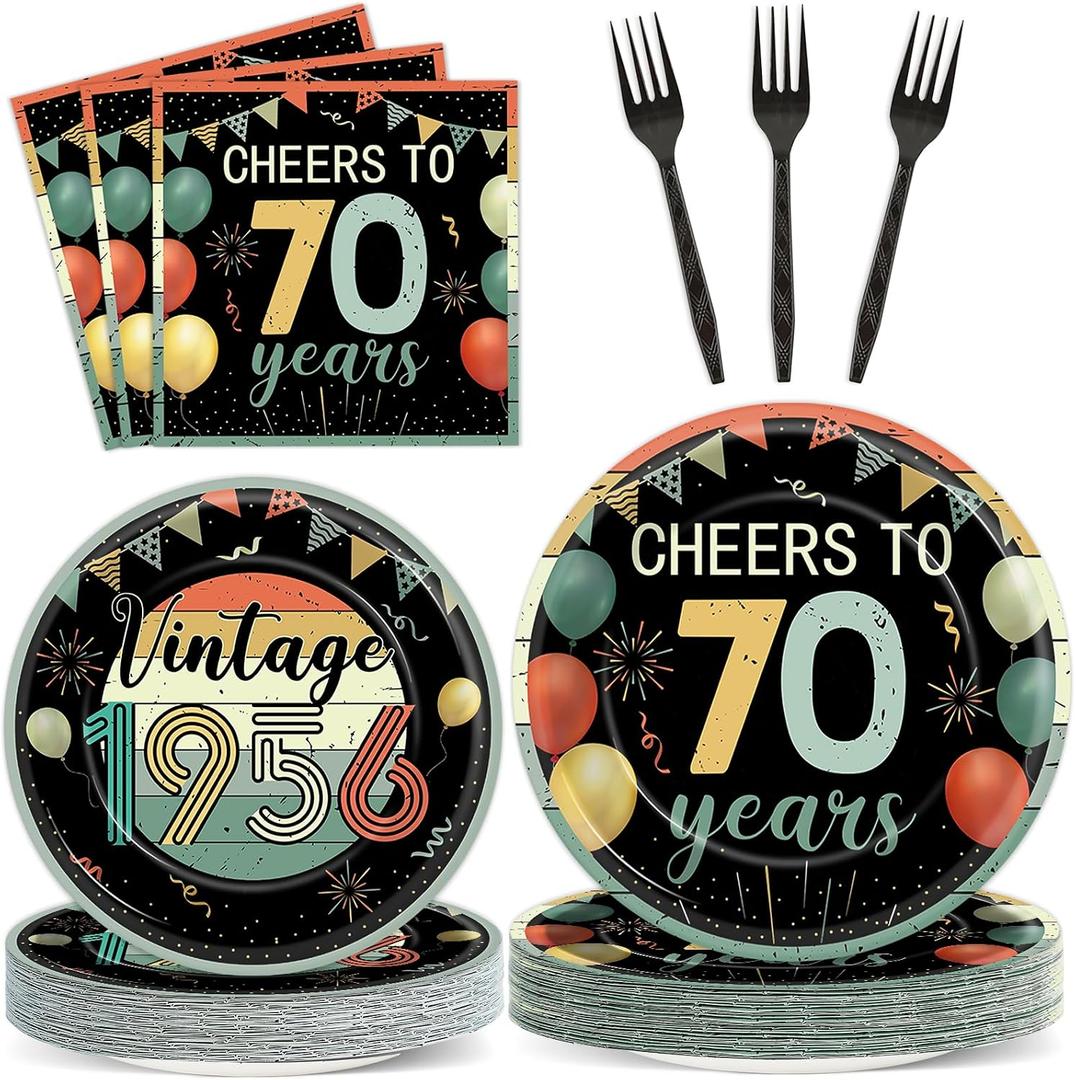 96Pcs Vintage 70th Birthday Party Decorations Back in 1956 Paper Plates and Napkins Cheers to 70 Years Disposable Tableware Set for Men Women 70 Year Old Birthday Anniversary Party Supplies Serves 24