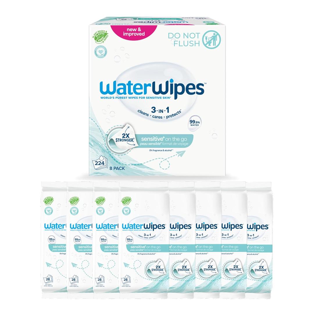 WaterWipes Sensitive+ On The Go Wipes, 3-In-1 Cleans, Cares, Protects, 99.9% Water, Unscented & Hypoallergenic Wet Wipes, 224 Count (8 Packs)