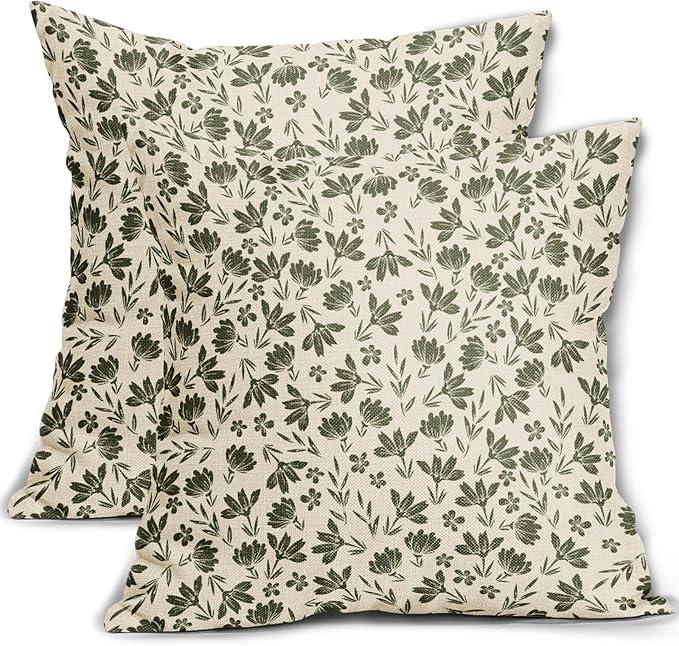 Olive Green Floral Pillow Covers 18x18 Set of 2 Vintage Rustic Old Style Cute Small Flower Green Cream Print Decorative Outdoor Pillowcases Farmhouse Throw Cushion Case Decor for Couch Sofa Bed
