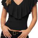 KIFOVEN Women's V Neck Ruffle Short Sleeve Blouse Elegant Dressy Tops Summer Slim Fit Casual Fashion Shirt (Black, L)