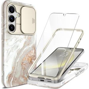 GVIEWIN for Samsung Galaxy S24 Plus Case, [Slide Camera Cover & Built-in Screen Protector] [Military-Grade Shockproof] Marble Rugged Full Body Protection Phone Case for S24+ Plus 6.7",Pearlescent/Gold