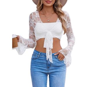 Avidlove Womens Crop Cardigan Lace Shrug Bell Sleeve Tie Front Top Y2K Sexy Sheer Bolero Going Out Outfits S-XXL (Large, White)