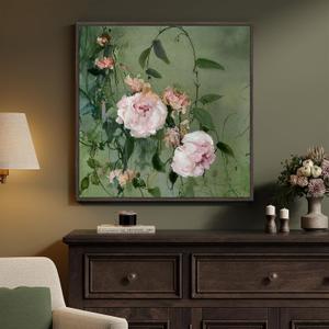 Framed Vintage Floral Square Wall Art, Pink and Green Retro Botanical Watercolor Flower Canvas Painting Prints, French Country Cottage Core Elegant Peony Artwork for Bedroom Living Room Office, 24x24