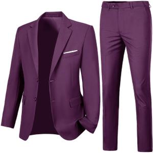 Men's 2 Piece Slim Fit Suit Two Button Formal Solid Suit Jacket Pants Set Wedding Work Prom Tuxedo Men (Medium, Grape Purple)