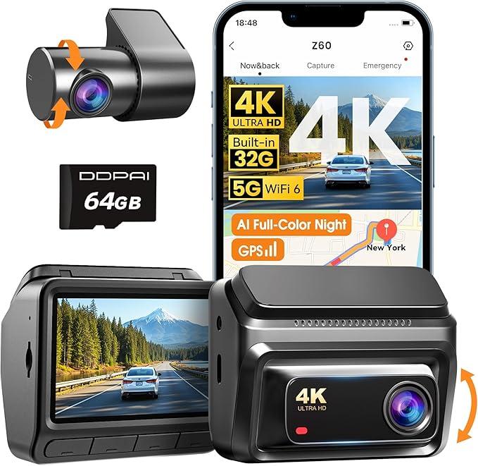 DDPAI 4K Dash Cam Front and Rear, Builtin 32G eMMC Dual Dash Car Camera,64GB Card Included Dashcam,Night Vision Dash Camera,5GHz WiFi, 7 Days Parking Mode,GPS,3" IPS, ADAS, WDR, Support 512GB,Z60