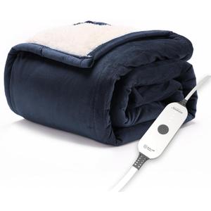 Sunbeam Electric Throw Royal Mink Sherpa Heated Blanket, 4 Heat Settings, 4-Hour Auto Shut-Off, Fast Heating, Luxurious and Ultra Comfy, 50" x 60",  Admiral Blue