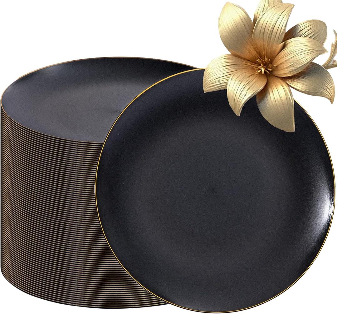 EI enjonirinjonir 80pcs Black and Gold Dinner Plates Disposable 10.25inch,Plastic Party Plates with Gold Rim,Black Plastic Matte plate Frosted Disposable Heavy Duty,Elegant for Wedding/Tea Party
