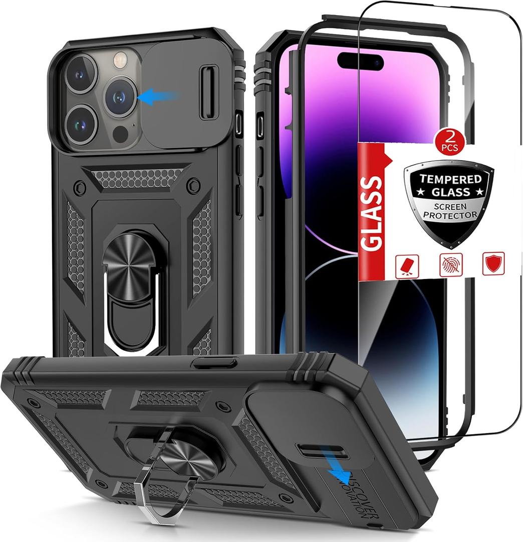 Compatible with iPhone 14 Pro Case with 2 Tempered Glass Screen Protectors, Built-in 360°Kickstand Ring with Camera Cover Shockproof Military Grade Drop Heavy Duty Protection Phone Bumper Black