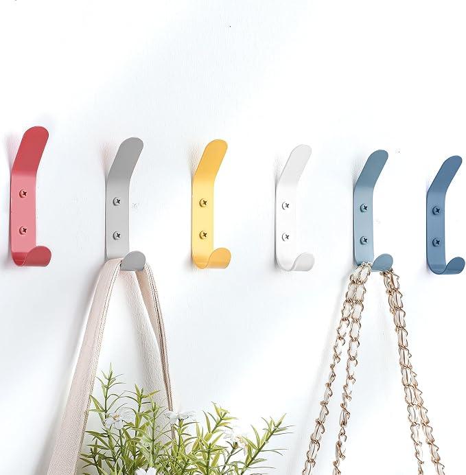 Leinuosen 6 Pack Cute Kids Coat Wall Hooks Colored Double Hook Steel Wall Rack Decorative Nordic Style Coat Utility for Keys Hat Nursery Bedroom and Bathroom(Colorful)