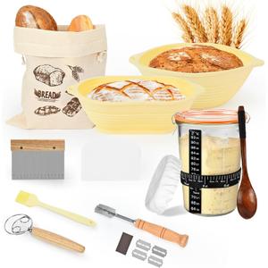 Sourdough Starter Kit 13Pcs Sourdough Bread Baking Supplies, Complete Bread Making Tools 9in Round & 10in Oval Silicone Banneton Proofing Basket Set with Sour dough Starter Jar