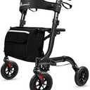 Henmnii Rollator Walker for Seniors, Lightweight Foldable All Terrain Rolling Walker with seat, Aluminum Walkers with 8 inch Rubber Wheels, Handles and Backrest for Seniors and Adult