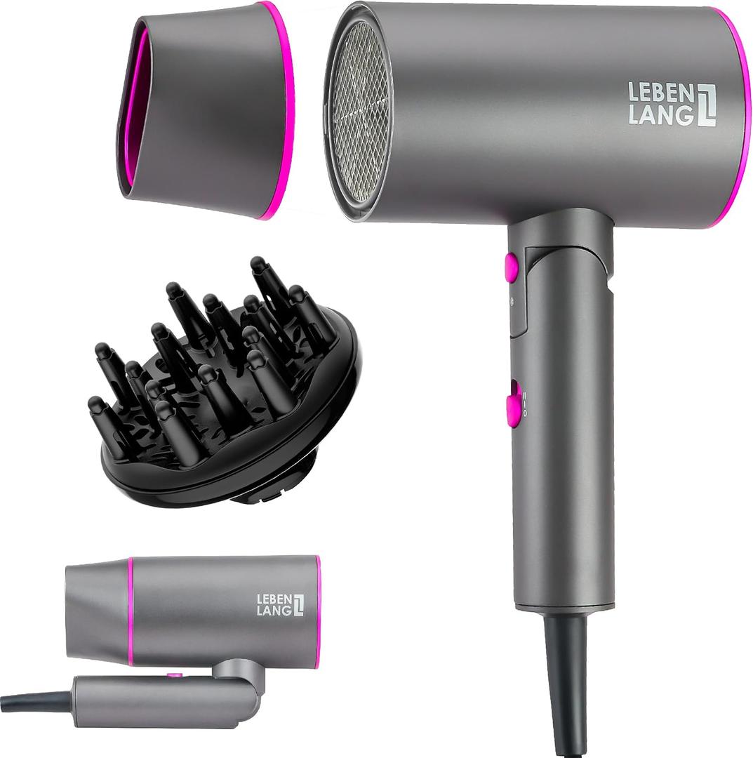 LEBENLANG Ionic Hair Dryer, 1875W - Foldable, Portable, Compact, Mini, Travel, Diffuser, Curly Hair