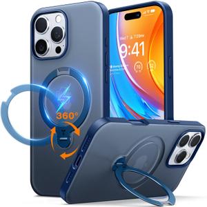 TORRAS Upgraded 360Spin Magnetic Stand for iPhone 16 Pro Case, Fit for MagSafe, Built-in Kickstand & Ring Holder, Mil-Grade Protective Soft Edge Translucent Slim Case for iPhone 16 Pro, Blue 6.3'' (16 Pro Case, 6.3'', Navy Blue)