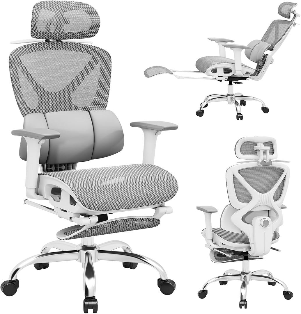Ergonomic Mesh Office Chair, Home Desk Chair Comfy with Adjustable Lumbar Support 3D Headrest and Armrests, Reclining Big and Tall High Back Computer Gaming Chairs for Man Women, 350lbs Grey
