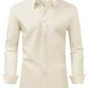Alimens & Gentle Beige Dress Shirt Men Regular Fit Stretch Stain Shield Long Sleeve Solid Business Wedding Button Down Shirts, Beige, Large