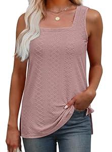 Womens Summer Tops Square Neck Side Split Loose Fitting Tops for Women Eyelet Embroidery Sleeveelss Dusty Pink, Small