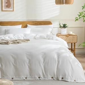 JELLYMONI Cotton Duvet Cover King Size - Bright White Comforter Cover with Button 100% Washed Cotton 3PCS Breathable Soft Solid Bedding Set Duvet Cover 104×90in & 2 Pillowcases (NO Comforter)