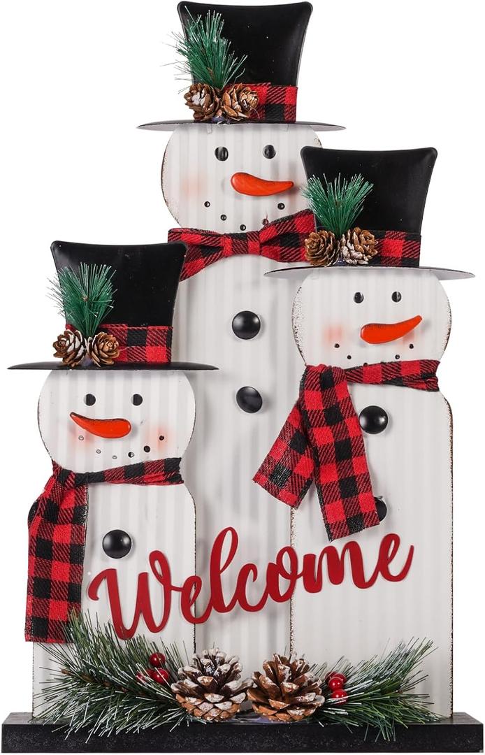 Christmas Decorations for Home Farmhouse Snowman Decoration Pinecones Merry Christmas Sign Iron Wooden Decorative Block Rustic Tabletop Xmas Party Holiday Dcor Indoor Outdoor
