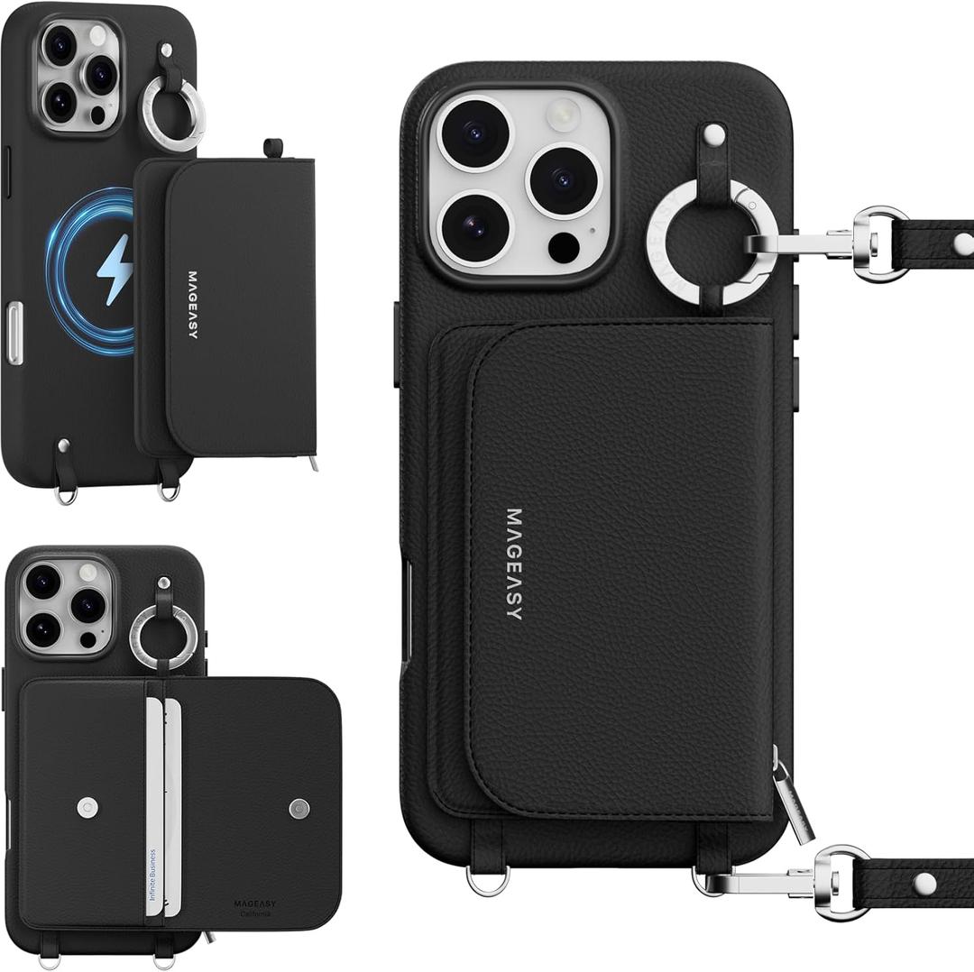 MAGEASY Designed for iPhone 16 Pro Max Wallet Case 6.9" - Detachable Wallet Case with Crossbody Strap, 16ft Ultimate Drop Protection, [The Only Phone Case with Purse Compatible with MagSafe] | Pouch M (Black)