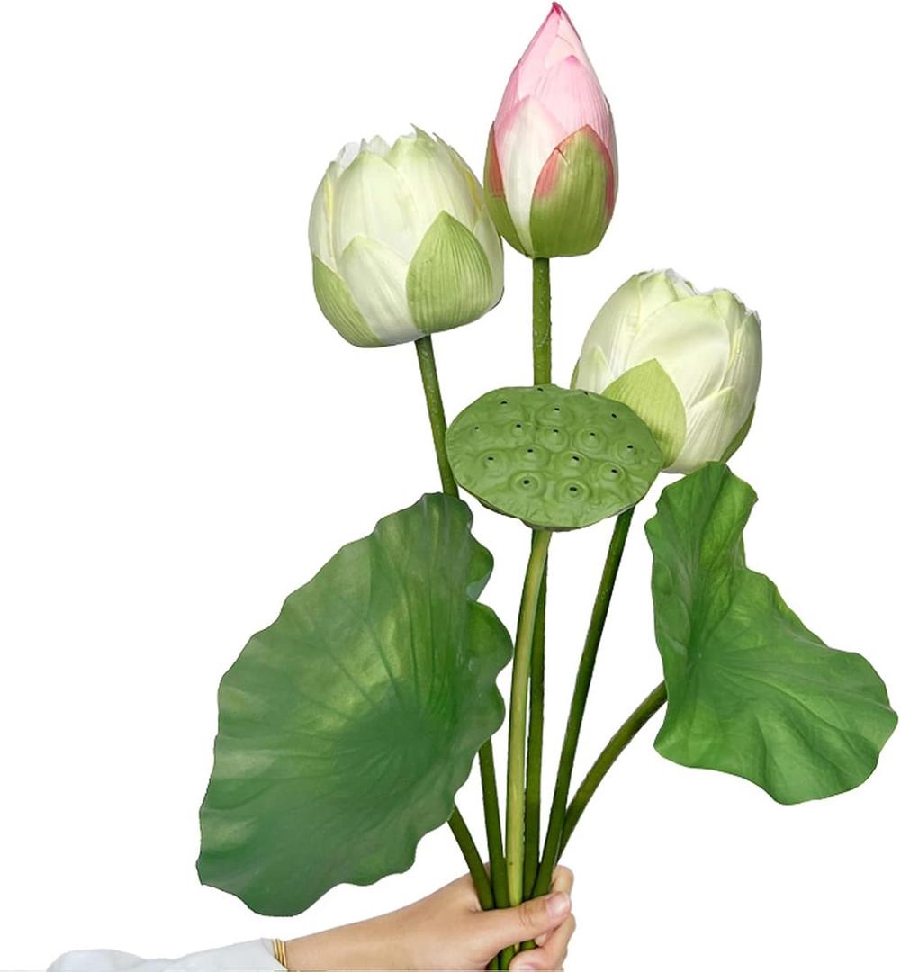 Simulation Lotus Lea, Lifelike Water Lily Buds Ornaments, Silk Artificial Flower Lotus Seedpod, Household Living Room and Dining Table Decoration (Flower Arrangement 1-no vase)