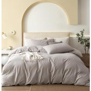 JIYUAN Queen Size Duvet Cover Set, 3-Piece - 100% Washed Cotton, Linen-Like Soft & Breathable with Zipper Closure, Includes 90x90 Inch Cover & 2 Pillowcases, Heathered Cream Grey