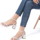 FUTJRNEY Women's Bow Strappy Heels Block Chunky Square Open Toe Low Heels Dress Sandals for Wedding Party(7,White)