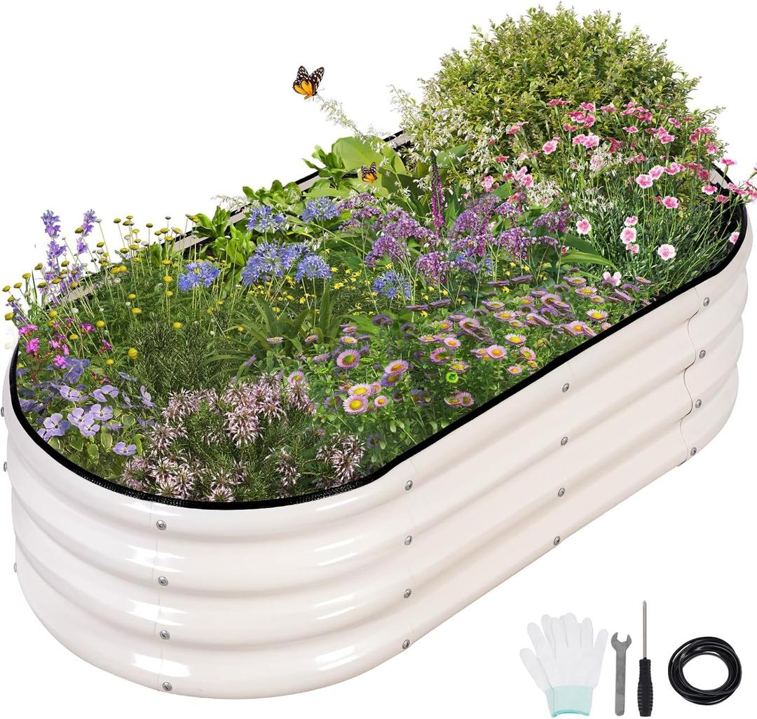 Permade Galvanized Raised Garden Bed - 4x2x1FT Metal Planter Boxes Outdoor | Oval Steel Raised Bed Kit for Gardening with Protective Tape, Gloves for Vegetables, Flower, Herb (White)