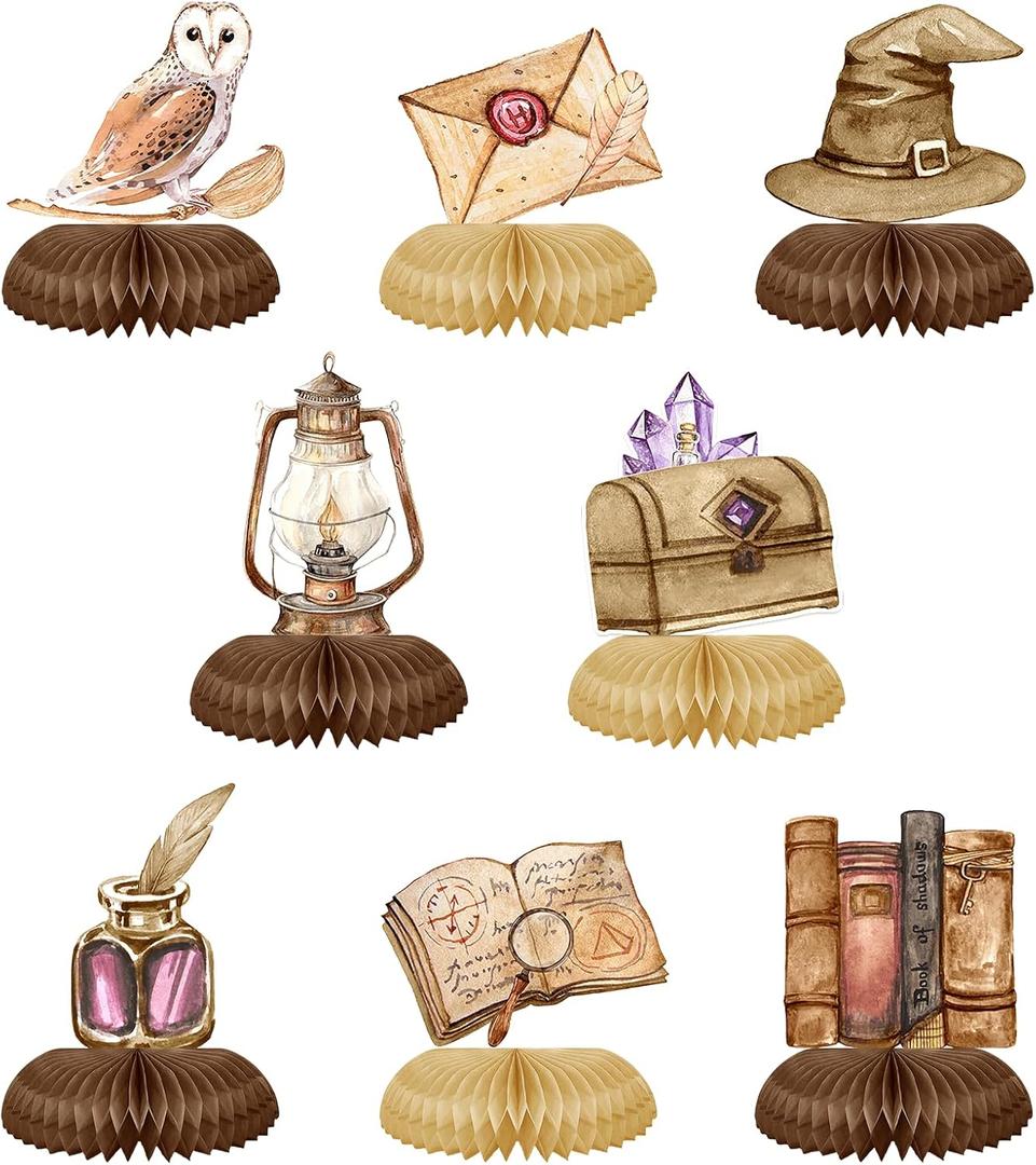 Magical Wizard Birthday Decorations 8Pcs Magic School Witch Wizard Honeycomb Centerpieces Vintage Castle Owl Table Topper Decor for Magical Baby Shower Party Supplies