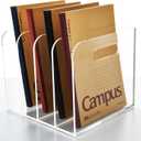 4 Vertical Compartments File Holder, Clear Acrylic Desk Organizer and Storage Bins Holding for Magazines, Binders, Notebooks, Envelopes, Multi-purpose Document Organizer for Home Office