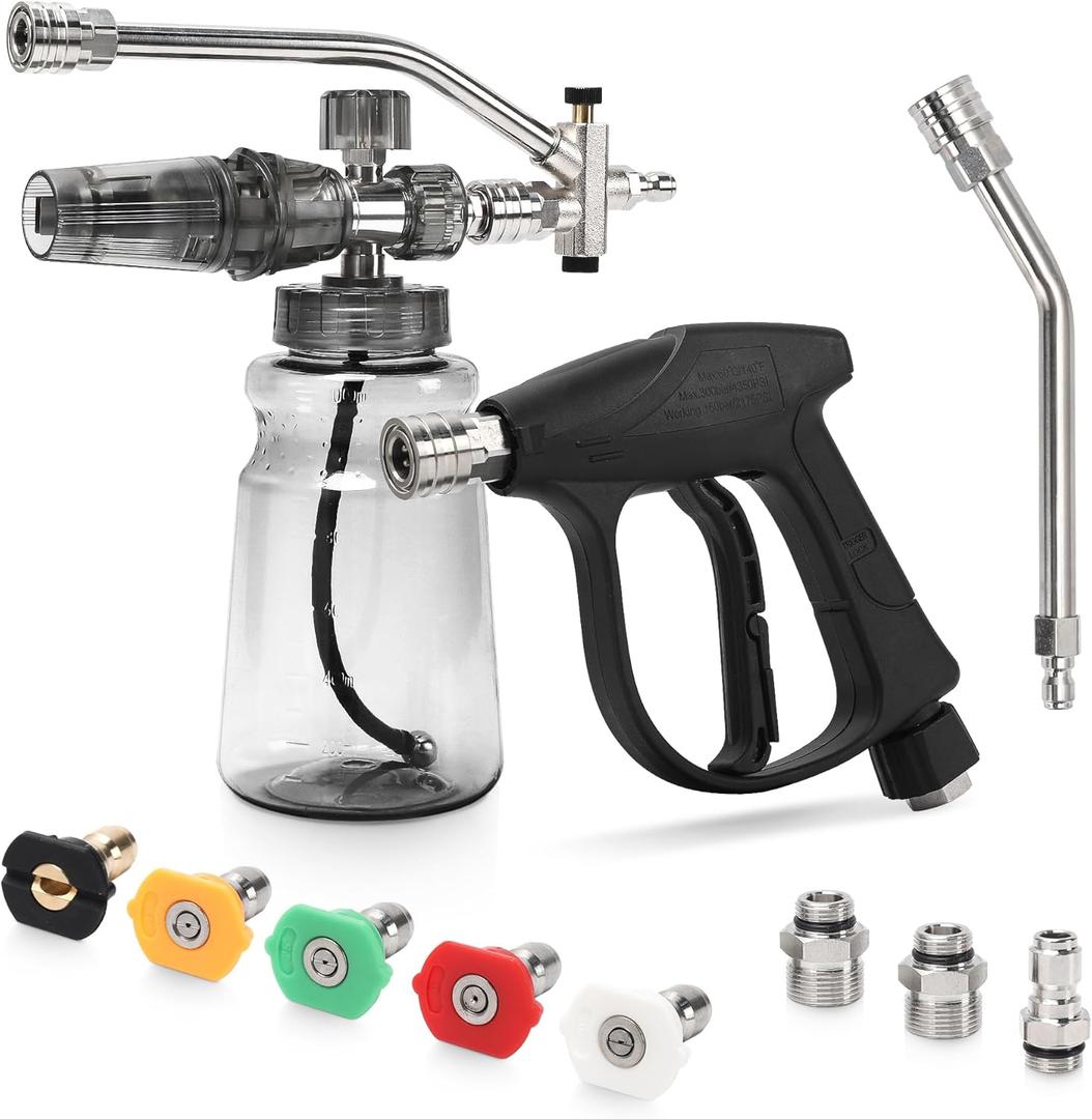 Foam Cannon Kit for Pressure Washer, Dual Connector Snow Foam Gun with Spray Gun, 5 Nozzle Tips, Curved Rods, 3/8" Swivel Quick Connect, M22-14mm & M22-15mm Adapters (black)