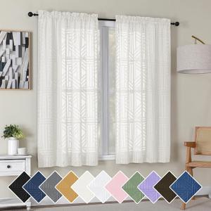 Simplebrand Ivory Semi Sheer Curtains 63 Inch Length 2 Panels, Light Filtering Geometric Jacquard Clip Textured Short Sheer Curtains for BedroomModern Elegant Window Curtains Drapes42x63 inch