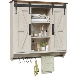 Trironsun Farmhouse Medicine Cabinet 2 Sliding Barn Doors 3 Tier Rustic Wood Wall Storage Cabinet Adjustable Shelf Towel Bar Wall Mounted Bathroom Wall Cabinet (Antique White, 30.71 Inch)