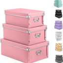 SEEKIND Storage Box, Decorative Storage Bins with Lid,3 in 1 Set,Plastic,with Handles,Press-Stud Fastening,Moisture-Proof,Foldable for Space Saving Storage,for Clothes, Cosmetic,Blankets (Grey)