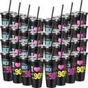 Uiifan 32 Pcs Back to the 90's I Love the 90's Birthday Reusable Cups with Lids and Straws 24 oz Plastic Tumblers Bulk Funny 90s Party Supplies