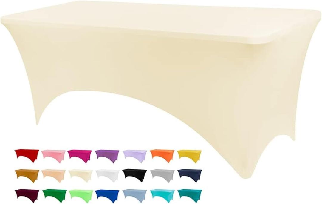 BDDC 4ft Table Cover Fitted, Ivory Spandex Table Covers, Washable and Wrinkle Resistant Stretch Tablecloths Rectangle for Events, Wedding, Banquets, Parties