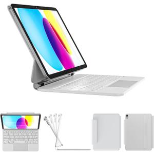 RAYMCRAFT for iPad 11th(A16, 2025)/10th Generation Case with Keyboard, Magic Keyboard 2022, Springy Backlit Keys, Stain-Resistant Surface, Multi-Touch Trackpad, White