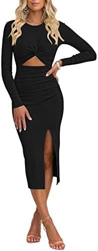 Pink Queen Women's Crew Neck Long Sleeve Midi Dress Cutout Twist Front Bodycon Slit Pencil Ribbed Knit Dresses, L