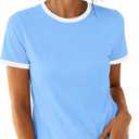 Remidoo Ringer Tee Women Short Sleeve Shirts Color Block Tops Casual Summer Vintage T Shirt Blue White X-Small